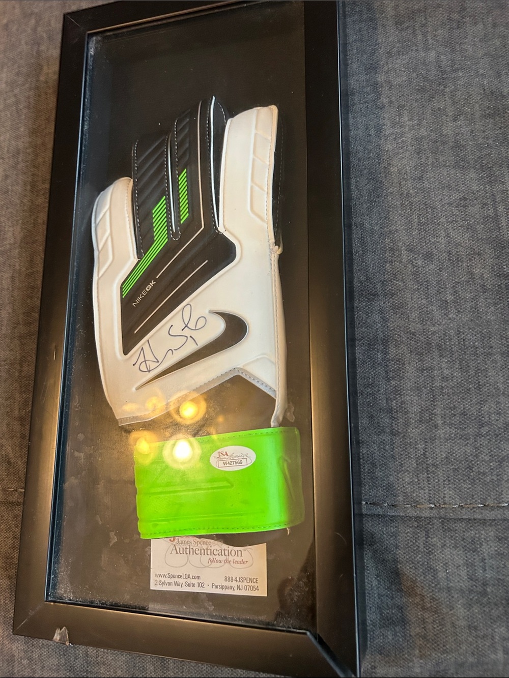 Nike White and Neon Green Signed by Goalkeeper Hope Solo Glove
